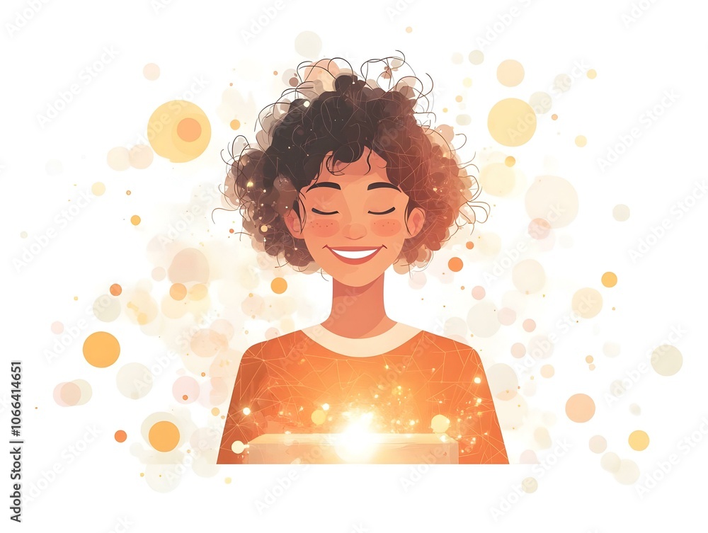 Poster flat person smiling holographic touchpad bokeh interface digital art image advanced technology happi