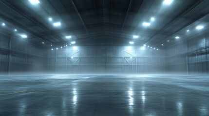A spacious, illuminated industrial hall with a misty atmosphere and polished floor.