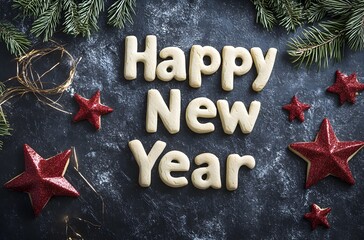 Happy New Year, text made from sugar cookies, surrounded by Christmas decorations