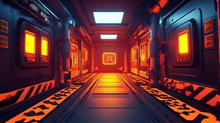 A futuristic corridor with glowing elements and industrial design, suggesting a sci-fi setting.