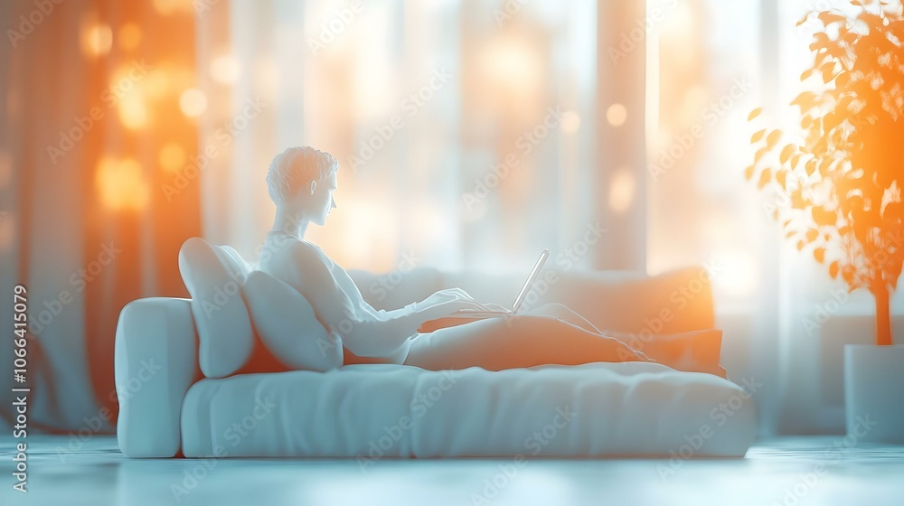 Poster 3d bokeh digital art relaxing person sofa working laptop soft abstract lighting remote worker comfor