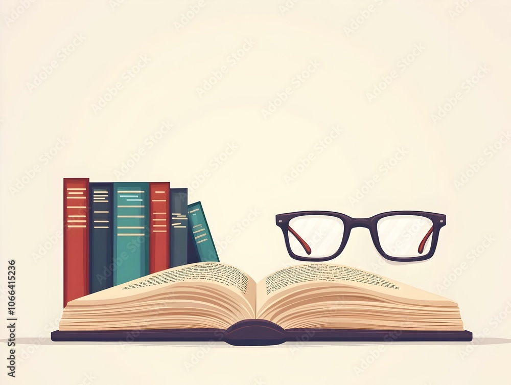 Poster flat plain background open book glasses copy space serene image knowledge happiness working from hom