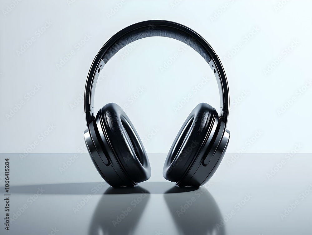 Poster flat glossy headphones on plain table with copy space - sharp image of sleek headphones symbolizing 