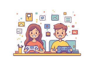 Flat Parents Teens Co Playing Online Games Bokeh Pixel Art Retro Family Bonding Tech Shared Interests Simple Vector Illustration