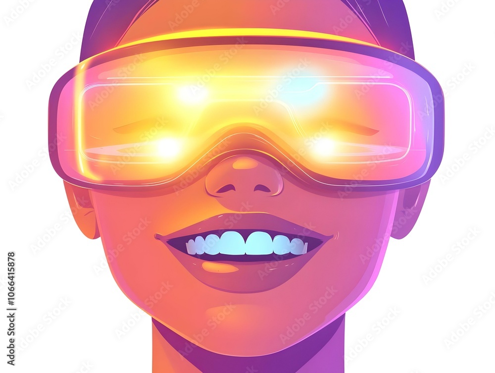 Poster flat macro image smiling face holographic projections smart glasses close up joyful expression illum