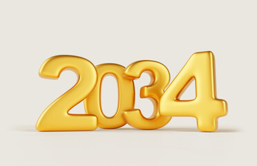 2034 Happy New Year golden number design on white background 3d render. Elegant gold metal font typography for poster, banner, calendar, greeting card and Christmas celebration 2034. 3D illustration