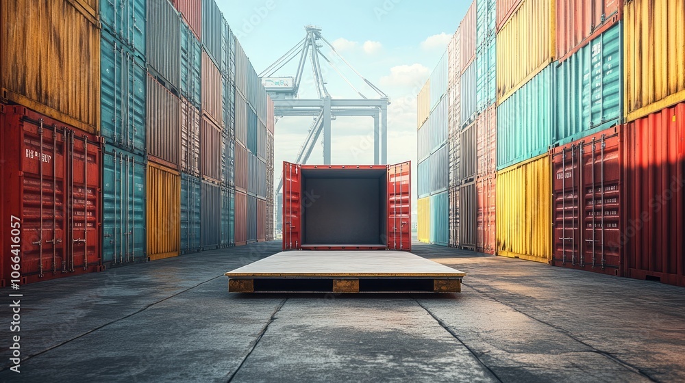 Poster an open cargo container with a pallet in front of it, surrounded by rows of colorful shipping contai