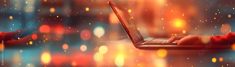 Poster abstract digital art remote worker cloud technology laptop soft bokeh background seamless connectivi