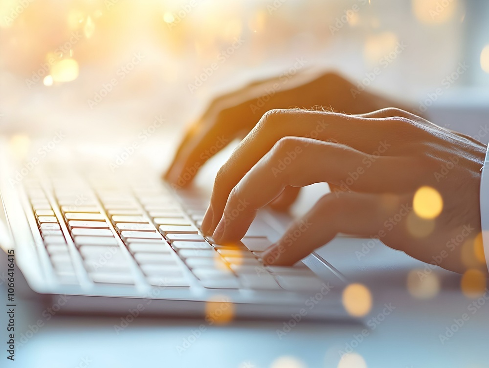 Poster flat soft focus hands typing keyboard bokeh light effects close up shot productivity work from home 