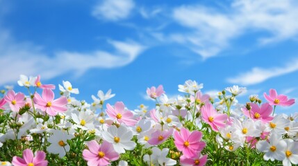 Fototapeta premium A vibrant field of pink and white flower under a blue sky, evoking beauty and tranquility.