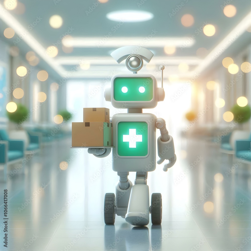 Poster 3d medical robot delivering supplies hospital hallway concept abstract digital art image with soft b