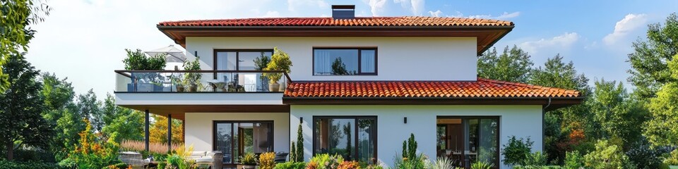 Fototapeta premium Red-tiled roof house with balconies, garden, under clear sky.