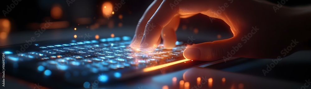 Poster close up fingers typing holographic keyboard futuristic device macro shot remote working high tech e
