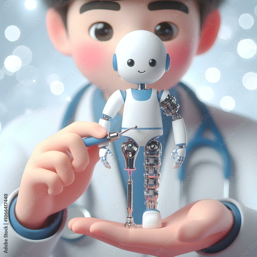 Poster 3d doctor adjusting robotic prosthetic limb patient abstract digital art scene with soft bokeh backg
