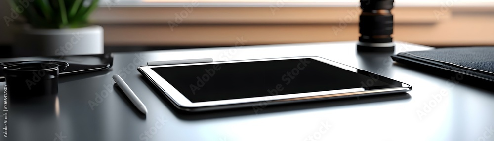 Poster glossy tablet stylus desk copy space remote working technology photo stock concept modern office set