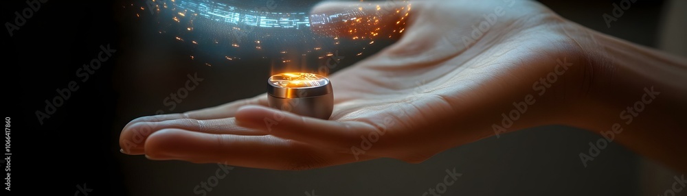 Poster macro image smart ring holographic data wearable technology close-up remote work comfort photo stock