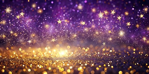 A celestial tapestry of shimmering gold and purple hues, where twinkling stars ignite a mystical glow, creating an enchanting atmosphere of magic and wonder.