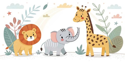 Naklejka premium minimalist cute cartoon safari animals background