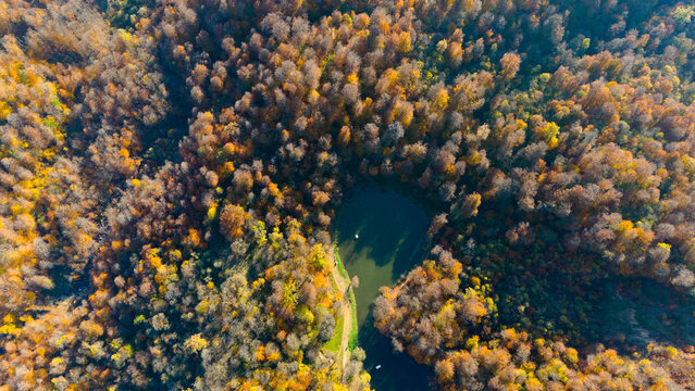 Colorful view of the autumn forest with lake. Parz Lake in Tavush, Armenia. Taken with a drone