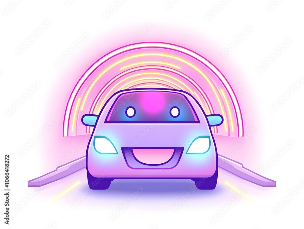 Poster flat close up of driver's smile illuminated by neon lights in futuristic tunnel concept macro image 