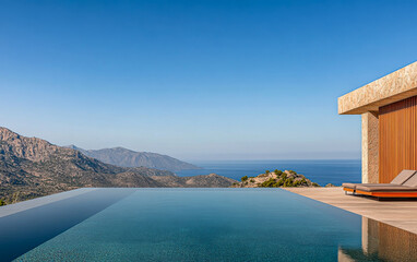 Fototapeta premium Stunning infinity pool overlooking mountains and ocean in a serene coastal location