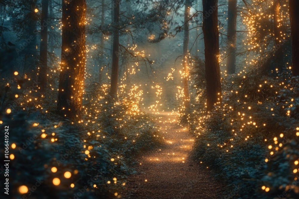 Poster a magical forest path illuminated by twinkling lights, creating a mystical and enchanting atmosphere