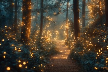 Obraz premium A magical forest path illuminated by twinkling lights, creating a mystical and enchanting atmosphere.