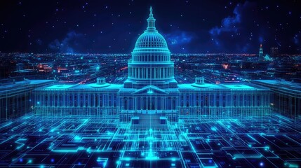 A digital rendering of the US Capitol building, illuminated by a network of glowing blue lines, symbolizes the intersection of technology and governance in a modern, futuristic city.