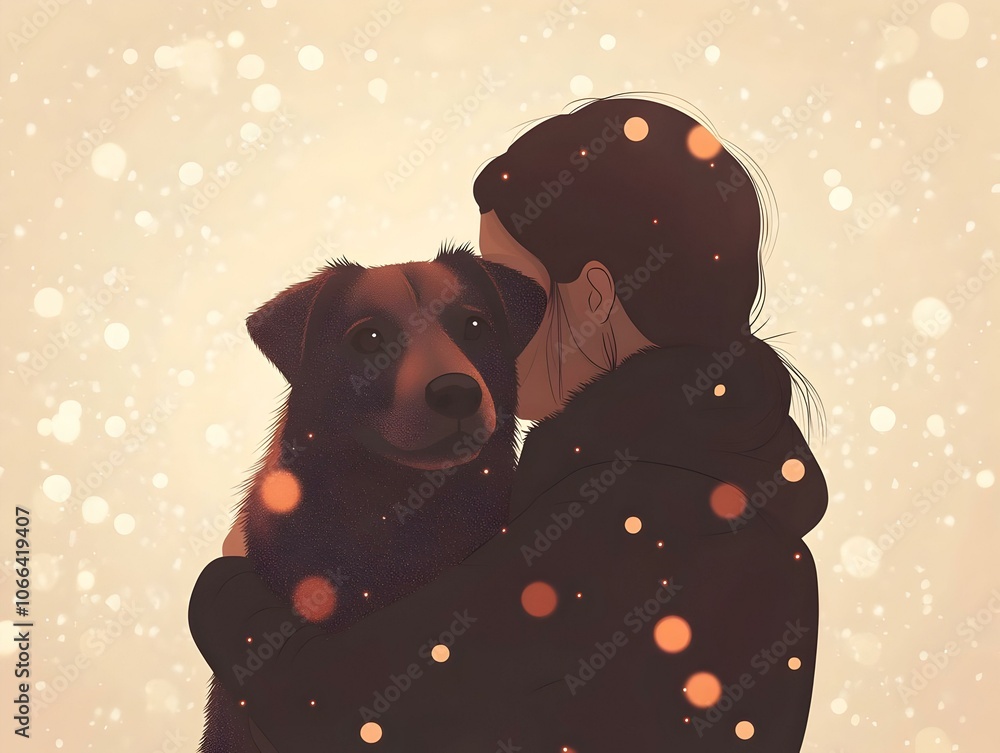 Poster flat silhouette of person hugging dog with bokeh lights - soft focus vector illustration symbolizing