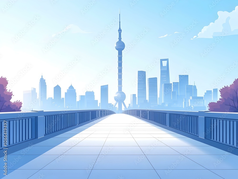 Poster flat empty bridge leading to city skyline with ample copy space under clear sky - glossy vector illu