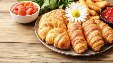 Delight your taste buds with a beautifully arranged platter of freshly baked croissants and savory snacks