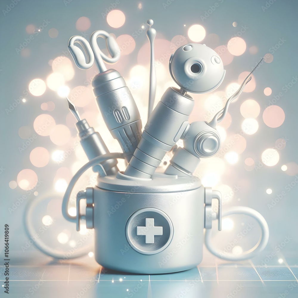 Poster 3d close up of robotic surgical instruments under soft lighting bokeh background, highlighting preci