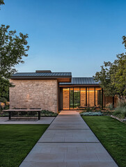 Fototapeta premium Modern stone house with large glass windows at dusk, surrounded by landscaped garden and pathway