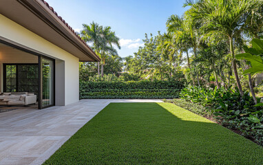 Fototapeta premium Elegant outdoor living area with lush greenery and spacious garden in bright daylight