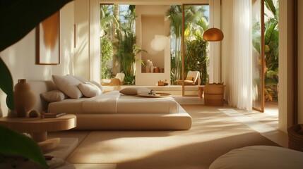 Fototapeta premium Luxurious Tropical Bedroom with Indoor-Outdoor Flow, Abundant Natural Light, and Minimalist Decor, Perfect for Relaxing Getaways, Modern Oasis Designs, and Nature-Inspired Interiors