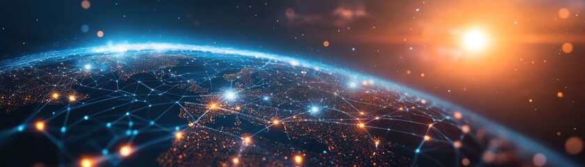 Obraz premium Global Network Connections on Earth from Space with Glowing Nodes and Lines at Sunrise