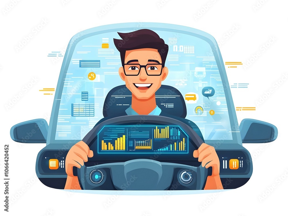Poster flat close-up of driver's enthusiastic expression with futuristic heads-up display (hud) showing spe