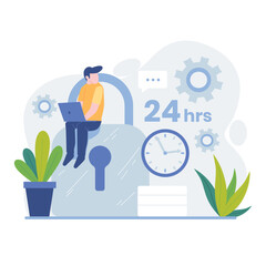 Person using laptop with large padlock, clock, gears, and plants symbolizing 24 hour work. Suitable for cybersecurity or time management concepts.