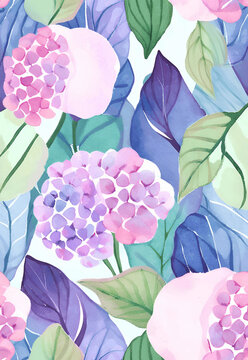 Seamless Hydrangea Pattern with Green Leaves
