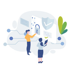 Two individuals collaborating on cybersecurity measures, featuring lock, shield, and checkmarks. Suitable for cybersecurity related concepts and information security visuals.