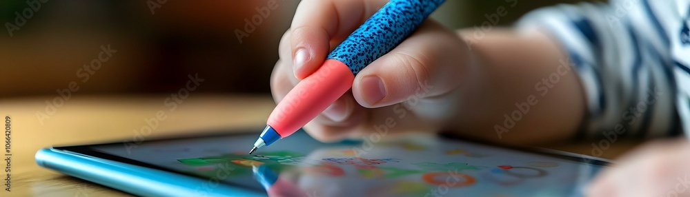 Poster macro shot child hand digital pen interactive learning tablet close up image capturing child holding