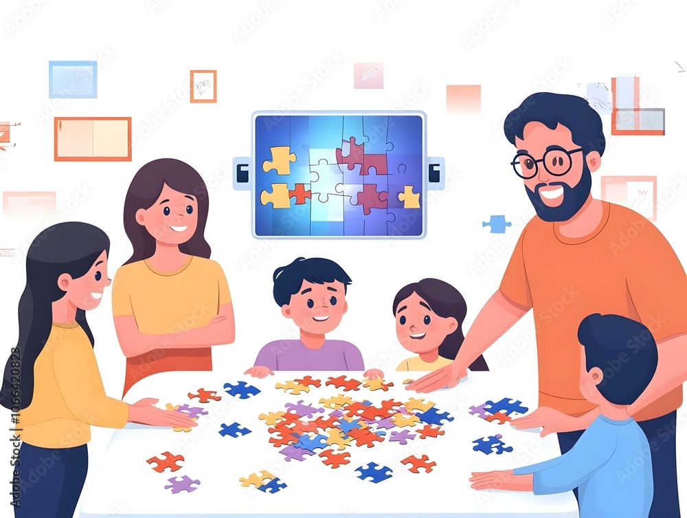 Poster flat family assembling puzzle digital projector candid image emphasizing teamwork concentration bond