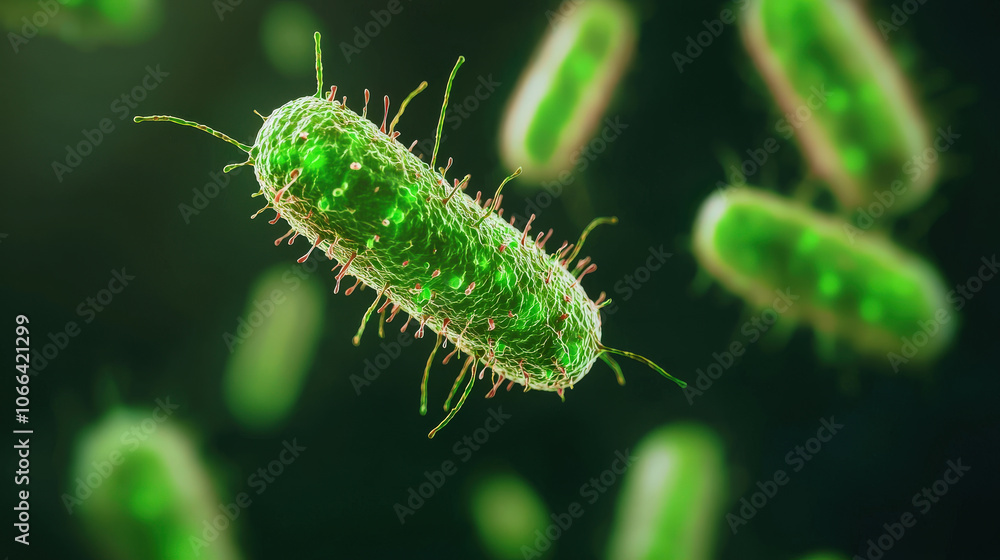 Poster microscopic view of bacteria clustering together, showcasing vibrant green colors and intricate deta