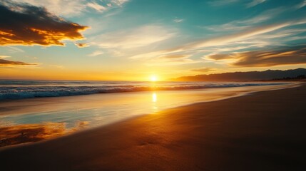 Obraz premium A stunning beach sunset, with the sun casting vibrant hues over the waves and the shoreline.