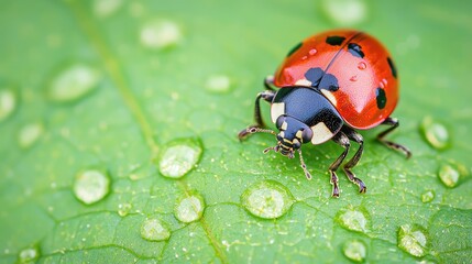 Naklejka premium A colorful ladybug crawls on a dew-kissed leaf in nature's vibrant garden