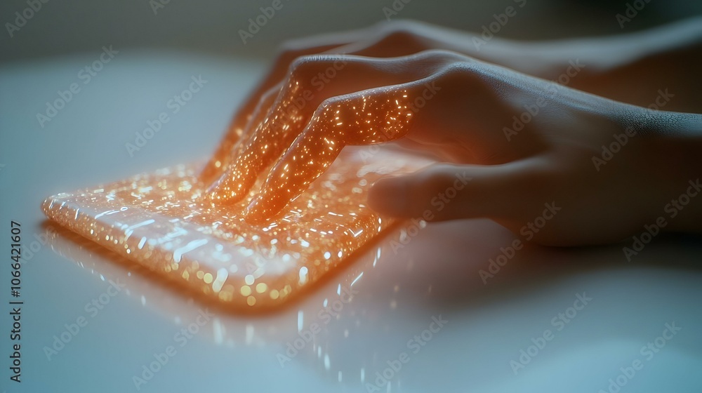 Poster 3d close up fingers typing holographic keyboard futuristic device macro shot soft glows tactile inte