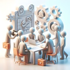 3D Collaborative Problem Solving Business Team Brainstorming Table Soft Abstract Elements Background Supportive Interactions Icon Isolated White Space Text