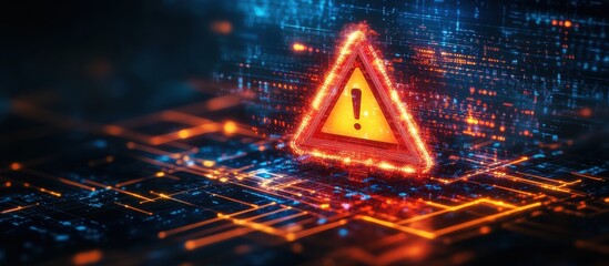 Fototapeta premium Futuristic Digital Warning Sign with Glowing Circuit Board Background in High-Tech Cybersecurity Concept