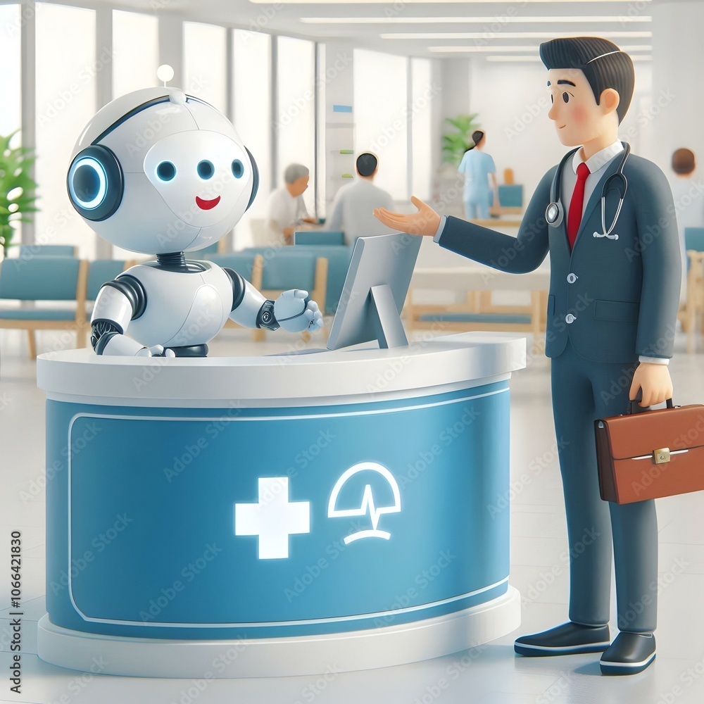Poster 3d patient interaction robotic receptionist hospital lobby automation concept candid check-in friend
