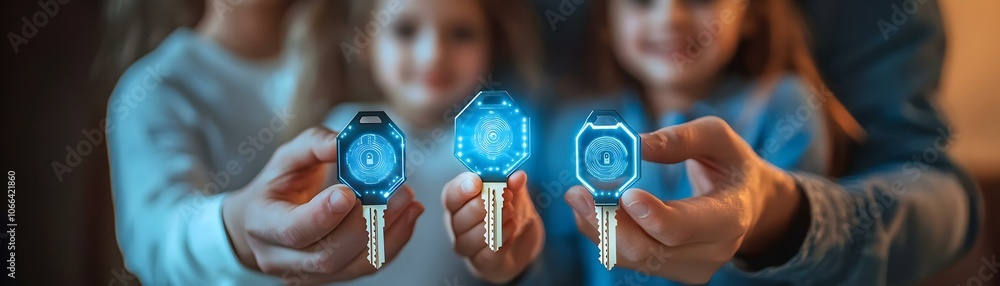 Aufkleber futuristic smart home keys close up family holding biometric access control | macro shot of family e